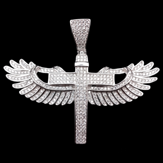 925 Sterling Silver CZ Angel Wing Cross Pendant - SLP00042