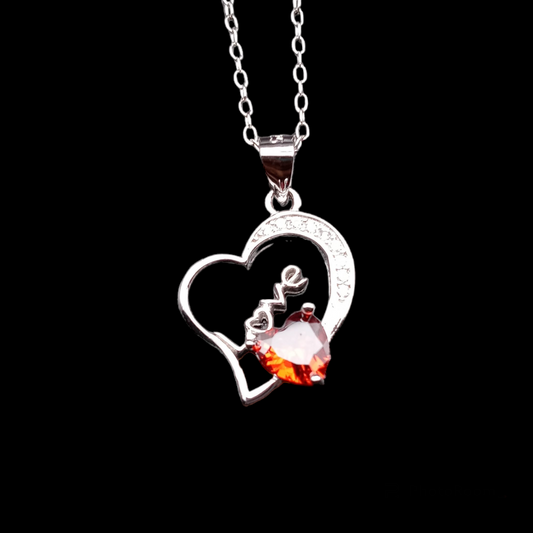 925 Sterling Silver Love Heart Clear & Red CZ Necklace